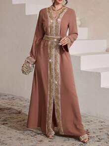 SHEIN Najma Women's Casual Elegant Loose Exaggerated Ruffle Waist Robe - Brown - View 7