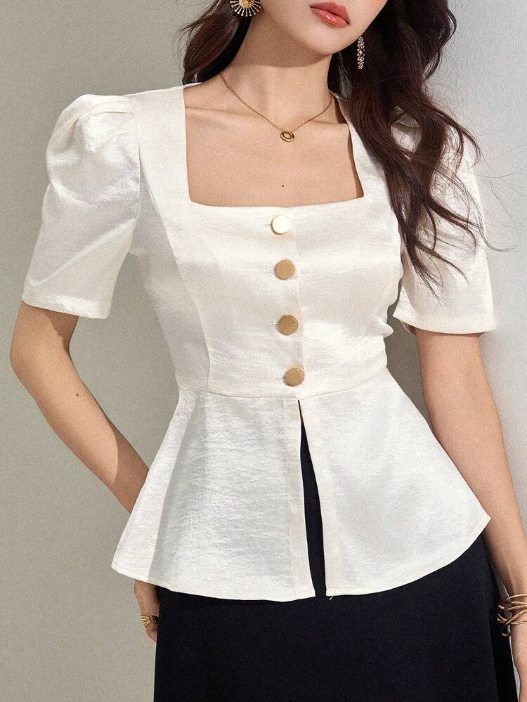 Women's Collared Short Puff Sleeve Waist Cinched Satin Elegant Button-Up Blouse Summer Babydoll Top