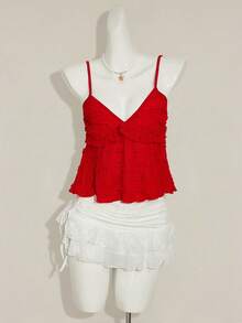 Sweetina Áo hai dây mùa hè kiểu dáng thường ngày, màu trơn, chất liệu vải jacquard. - Đỏ - Xem 3