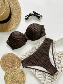 Swim Lushoire New Knitted Jacquard Fabric Spaghetti Strap Push Up Back Tie Women Elegant Swimsuit 2 Pieces Set, Spring/Summer - Coffee Brown - View 5