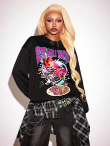 SHEIN Trolls Women's Letter & Cartoon Graphic Crew Neck Long Sleeve Sweatshirt - Black - View 7