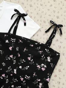 SHEIN Set Gaun Camisole dan Kaos Lengan Pendek Motif Bunga Kecil Kasual Musim Panas untuk Anak Perempuan Remaja - Hitam dan Putih - View 6