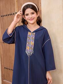 Tween Girls' Spring/Summer Casual Vacation Embroidered Ribbon, Faux Pearl & Tassel Hooded Flare Sleeve Robe, Navy Blue - Blue - View 5