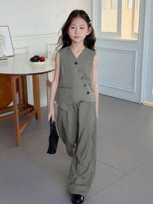 Dazy Kids Tween Girl V-Neck Wrap Sleeveless Jacket And Long Pants Elegant Outfit - Grey - View 8