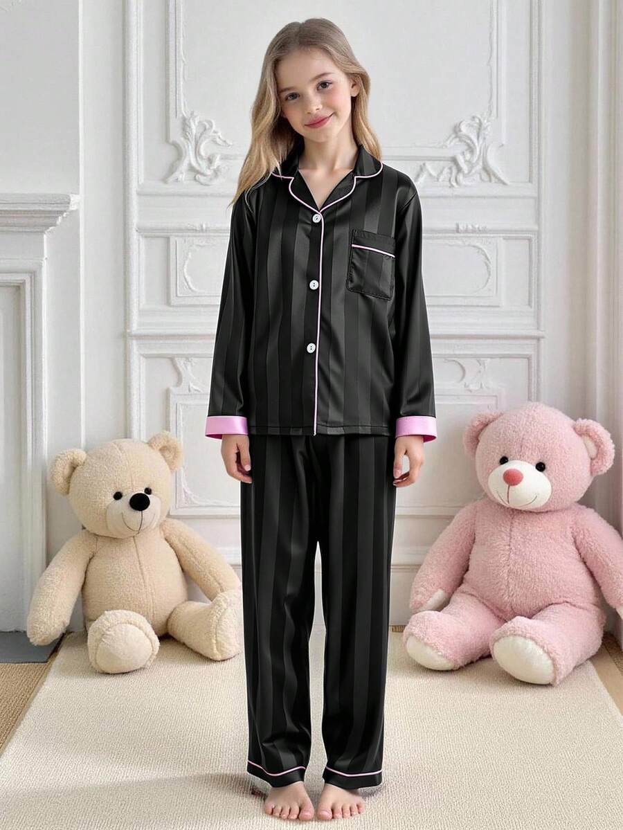 Tween Girls Pajamas-2 Pieces Pajama Set Black Satin Look Piped Pink Trim Long Sleeve Notched Collar Button Front Chest Pocket Long Pants Sleepwear Loungewear Lightweight All Season Holiday 2026 Essential Elegant Classic Chic - Black - View 1