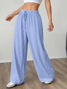 SHEIN PETITE CURVE Plus Size Striped Print Knotted Casual Loose Pants Fall - Baby Blue - View 3