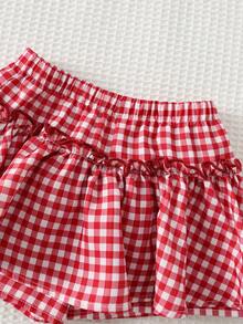 Cozy Pixies 2pcs Baby Girl Knitted Solid Cherry Embroidery Camisole And Woven Patch Shorts Set - Red and White - View 3