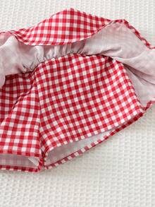 Cozy Pixies 2pcs Baby Girl Knitted Solid Cherry Embroidery Camisole And Woven Patch Shorts Set - Red and White - View 4