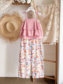 Vintaside Kids Girls' Sleeveless Elegant Camisole Top And Casual Digital Printed Pants Set, Suitable For Spring/Summer Outings, Vacations Or Daily Casual Wear