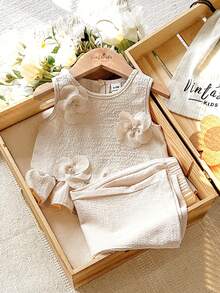 Vintaside Kids 2pcs/Set Baby Girl Casual Cute Bow Sleeveless Top And Pants Set - Khaki - View 5