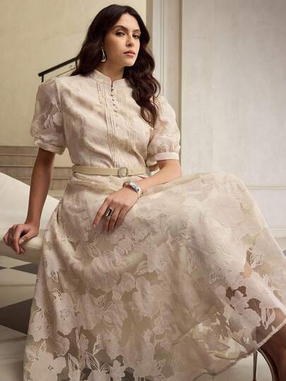 ZEYLAH Vestido midi con cintura anudada y recortes de organza, primavera/verano