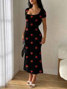 SHEIN EZwear Women's Spring Summer Square Neck Mermaid Hem Bodycon Dress With Rose Print, Boho, Going Out, Vintage, Seaside Vacation, Romantic, Vacay Vibes - Multicolor - View 6