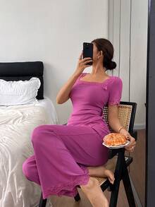 SHEIN 女士方领蕾丝拼接短袖喇叭腿睡衣套装 - 玫紅色 - 查看 1