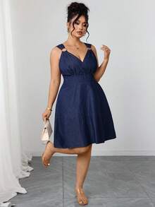 Elenzga Plus Size Women Elegant & Comfortable Dark Blue Non-Stretch Denim Dress - Dark Wash - View 6