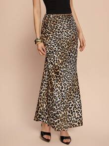 Leighera Women's Leopard Print Long Elegant Mermaid Skirt - Coffee Brown - View 4