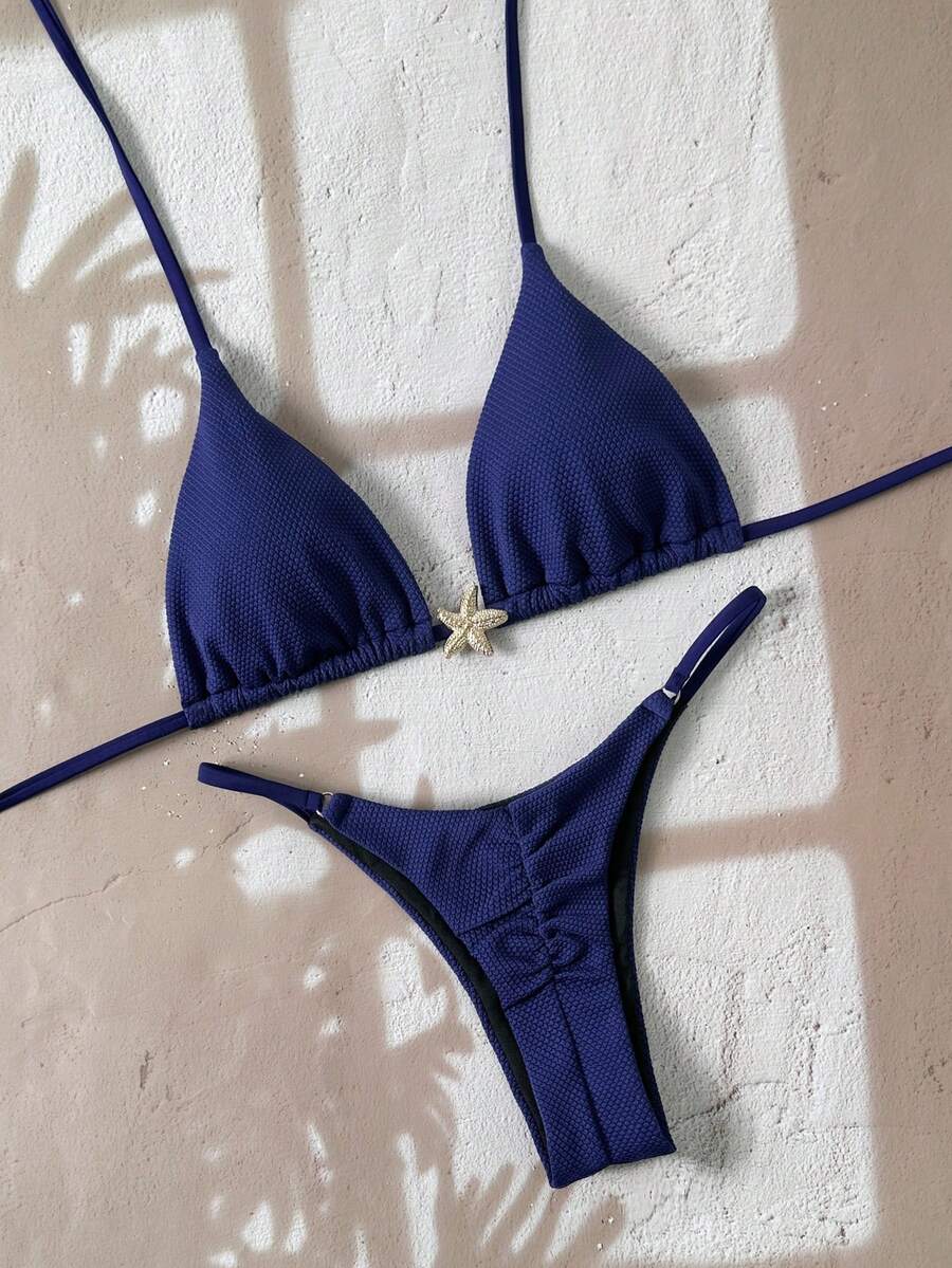 Swim Mod 2pcs/Set Navy Blue Bikini Set,Summer Beach Vacation Casual Holiday Gold Starfish Decor Halter Micro Swimwear Set Solid Textured Fabric Star Bikini - Navy Blue - View 1