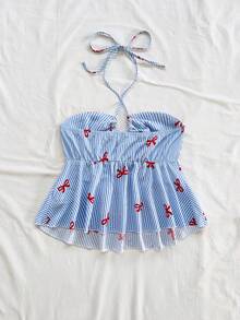 Soleia Women's Vacation Striped Bow Print Front Tie Halter Neck Camisole, Autumn/Winter Undershirt - Multicolor - View 2