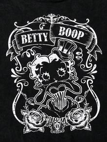 Betty Boop x SHEIN Plus Skull & Letter Graphic Asymmetrical Neck Tee - Black - View 4