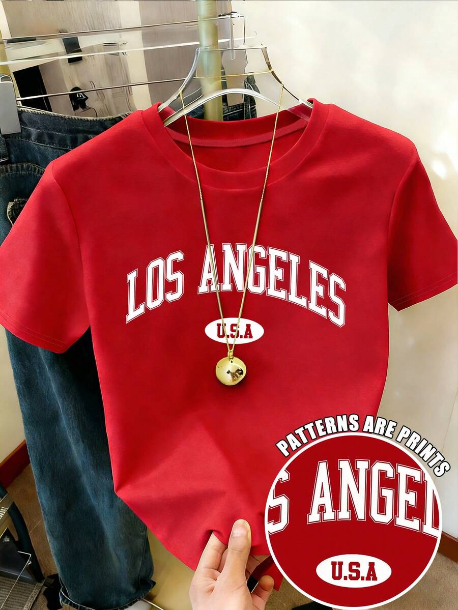 INAWLY 字母图案圆领T恤 女式上衣 - 紅色 - 查看 1