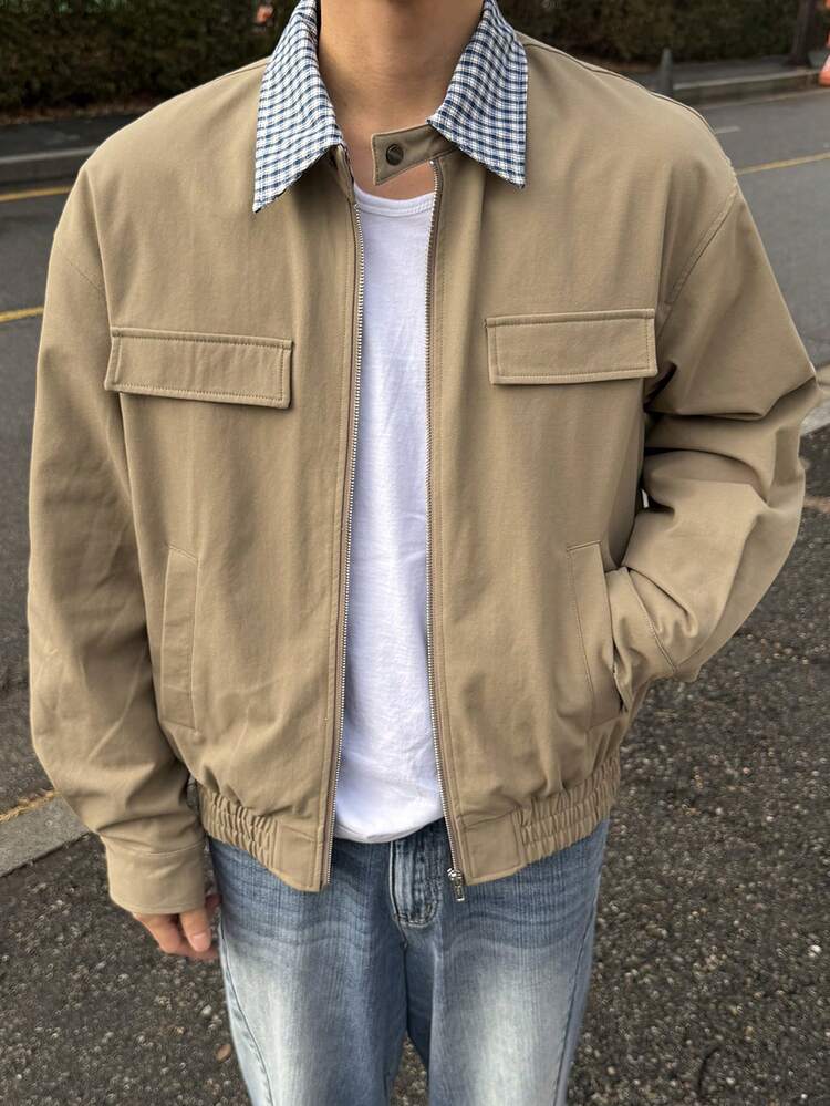 Spring Plaid Patchwork Collar Solid Color Beige Men's Jacket And Coat