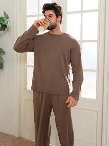 DAZY Brown Crew Neck T-Shirt, Men's T-Shirt Set, Spring/Autumn - Brown - View 7