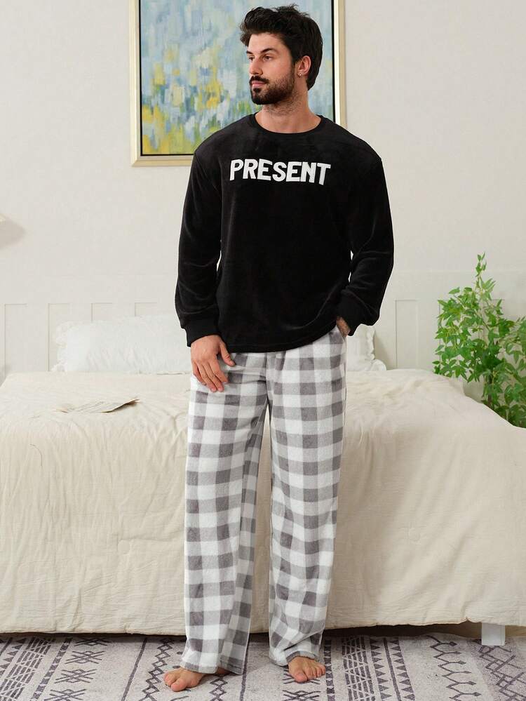 Men's Multi-Color Letter Embroidered Black Top And Plaid Pants Pajama Set, Autumn