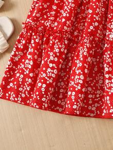 SHEIN 儿童两件套/少女优雅复古可爱针织印花蝴蝶结T恤和碎花长裙套装，适合度假、休闲、节日、午餐、音乐节等场合。花朵蝴蝶结荷叶边下摆T恤，荷叶边下摆衬衫搭配裙子，适合女孩穿着。夏季套装，适合少女穿着。夏季裙装套装，适合女孩穿着。夏季服装，适合女孩穿着。夏季服装，适合女孩穿着。春季服装，适合女孩穿着。 - 紅白色 - 查看 4