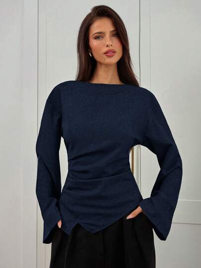 Aloruh بلوزة سحب الخصر طويلة الأكمام بياقة V للنساء، موديل جديد للخريف/الشتاء، تصميم عصري بسيط مناسب للتنقل، قصة غير متماثلة الذيل لتنحيف الخصر