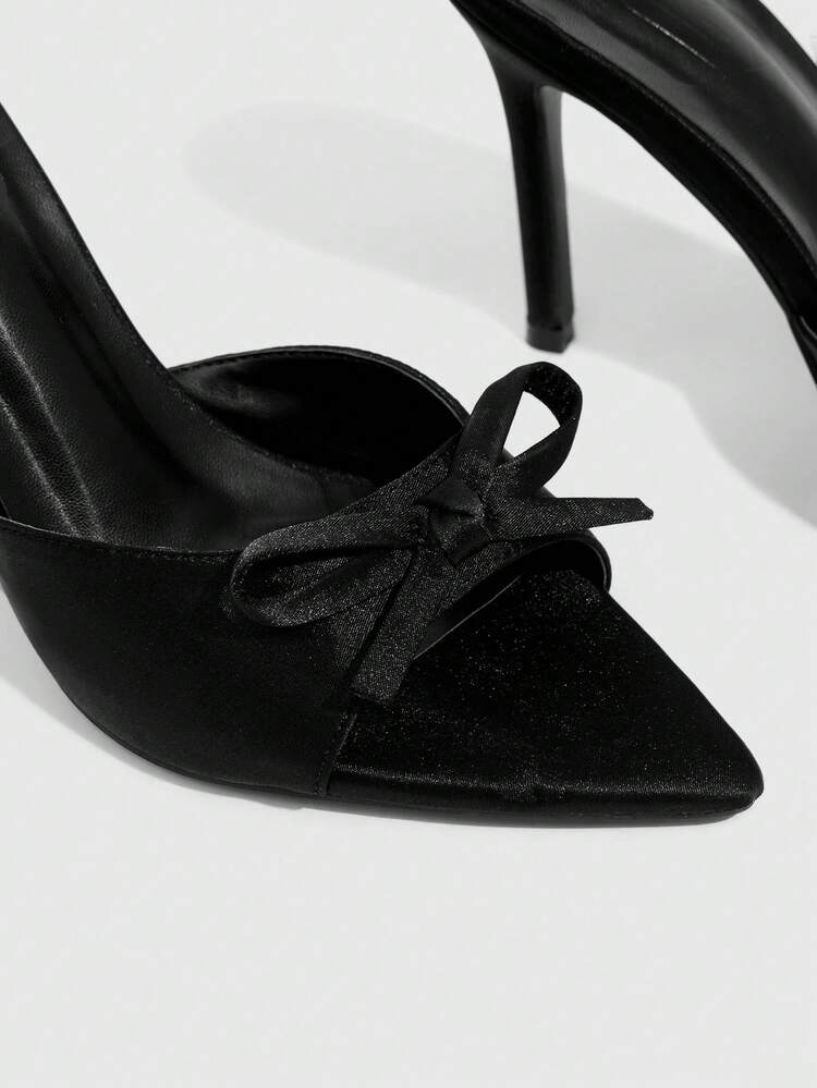 CUCCOO CHICEST Women Shoes Black Satin Satin Spring And Summer Bow Element Fashionable Sexy Pointed Stiletto Slippers Summer Shoes