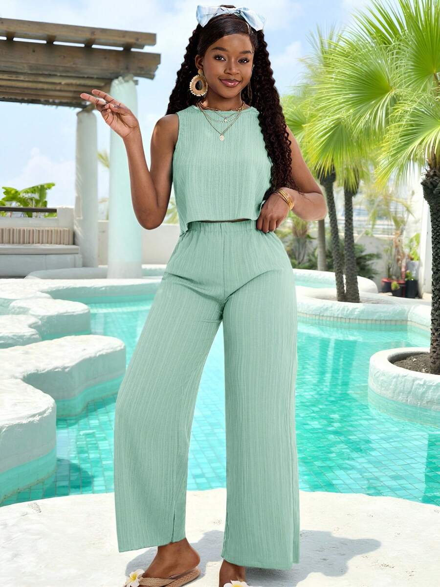 SHEIN Teen Girls 2 Pieces Set: Solid Color Sleeveless Crop Top And Loose Solid Color Wide Leg Pants Vacation Two Piece Set Two Piece Pant Set Summer Two Piece Set Two Piece Pants Set Two Piece Women Sets Casual Two Piece Set - Mint Green - View 1