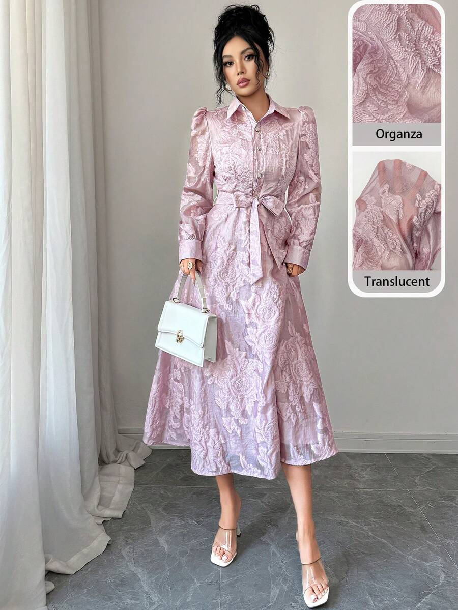 Modelyn 女士长袖欧根纱镂空优雅衬衫裙，粉色