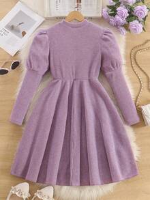 Teen Girls' Elegant Purple Long Sleeve Dress,Sweet Bowknot Decor Textured Knit Autumn Birthday Dress,Modest Lilac Design Suitable For Daily Gatherings - Purple - View 2