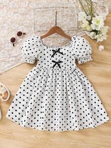 Young Girl Woven Ruffle Trim Square Neck Puff Sleeve Casual Dress - Black and White - View 6