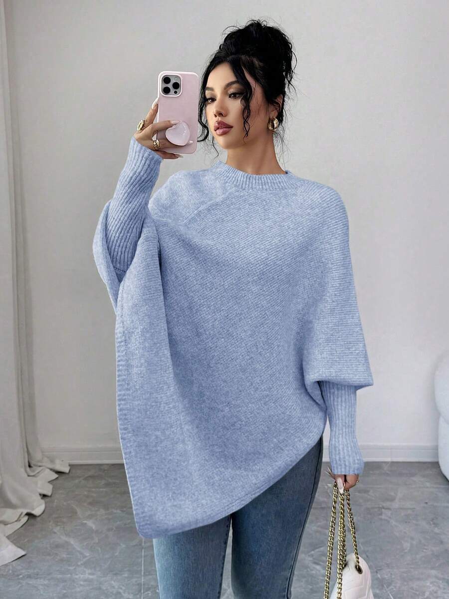 Elenzga Women's Asymmetrical Hem Oversized Crew Neck Pullover Sweater, Relaxed Fit, Soft & Comfortable Wool Blend, Suitable For Autumn/Winter - Blue - View 1