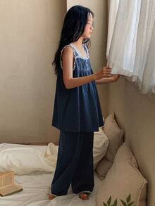DAZY 少女荷叶边纽扣褶皱上衣和短裤休闲家居服套装 - 藏蓝色 - 查看 4