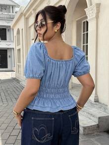 SHEIN ICON Plus Size Solid Color Square Neck Ruched Bust Short Sleeve Denim Blouse - Light Wash - View 2
