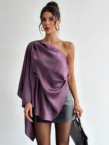 Firerie Stylish Purple Textured One Shoulder Top For Women Casual Ruched Asymmetrical Long Fitted Blouse - Purple - View 6