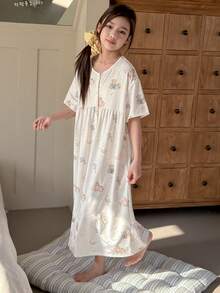 DAZY Tween Girls Cute Cartoon Bear Pattern Loose Short Sleeve Nightgown Sleepwear Spring - White - View 1