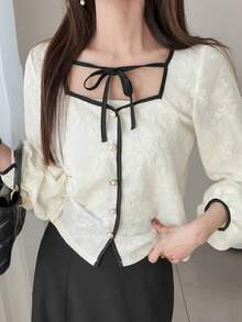 FRIFUL Women's Lace Contrast Trim Tie Front Bow Decor Loose Sweet Blouse - Apricot - View 6