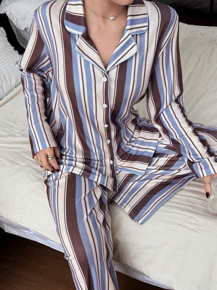 Striped Loose Button Front Long Sleeve Top And Pants Pajama Set For Women