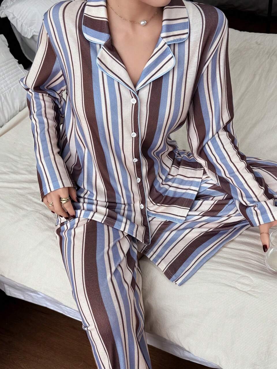 Striped Loose Button Front Long Sleeve Top And Pants Pajama Set For Women