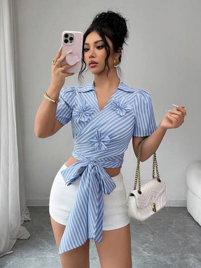 Elenzga Women's Wrap Short Sleeve Top With 3D Floral, Striped Blue & White, Bow Tie, Cinched Cinched Waist-Up, French Elegant Vacation Fresh Design Blouse