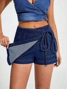 Jeanoix Women's Solid Color Wrap Tie Casual Denim Shorts Vacation Navy Blue Summer - Blue - View 1