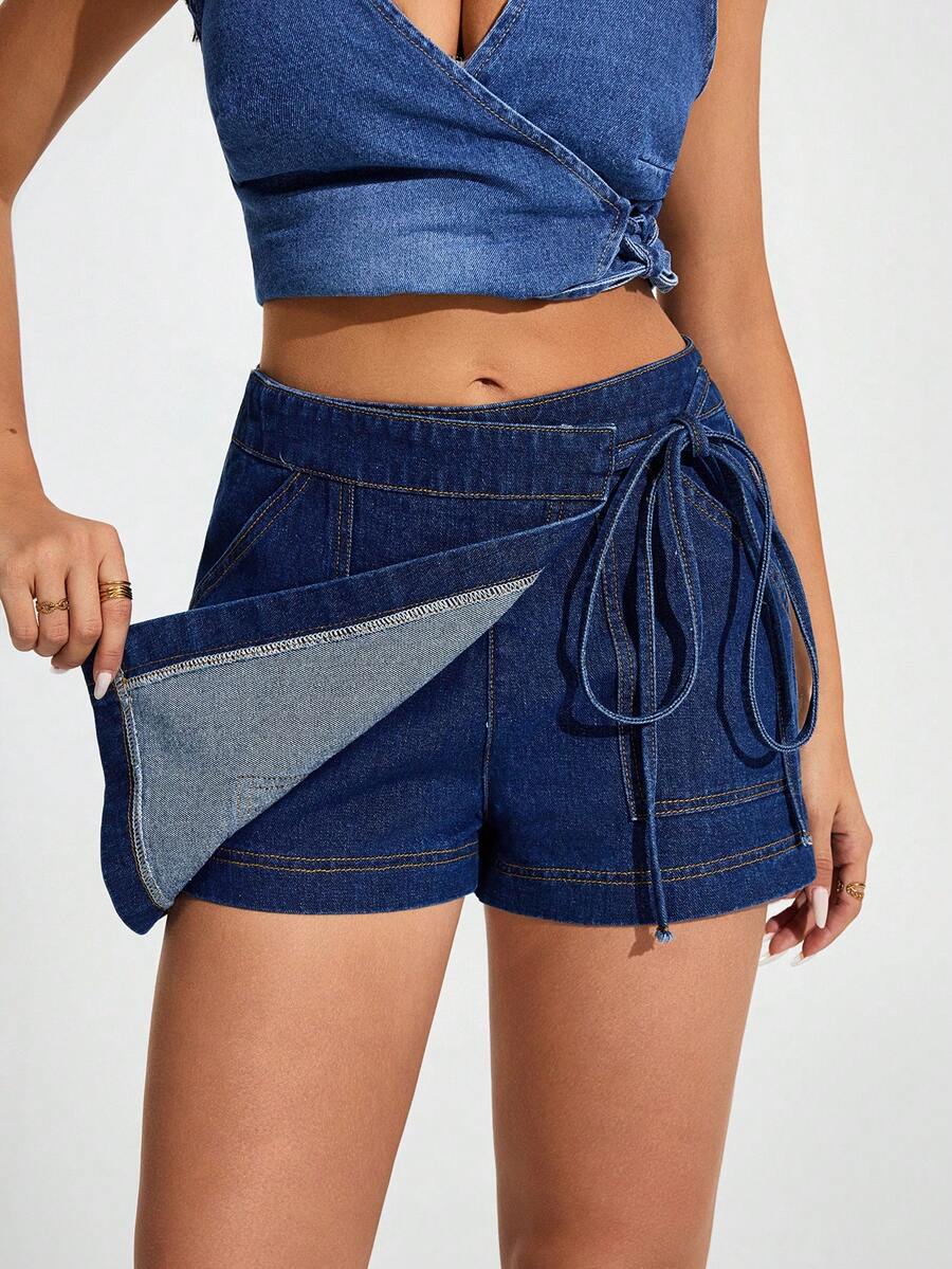 Jeanoix Women's Solid Color Wrap Tie Casual Denim Shorts Vacation Navy Blue Summer - Blue - View 1