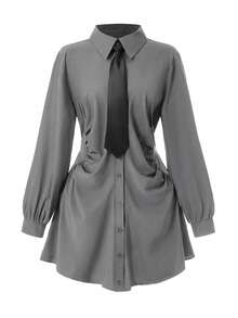 Rometta 大码优雅收腰褶皱衬衫裙 - 灰色 - 查看 5