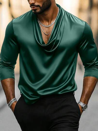 Manfinity AFTRDRK Camisa de manga larga con cuello de capucha de satén negro casual y madura para hombres, ropa de hombre, camisas de hombre - Corte slim, ideal para fiestas, Halloween, Navidad, Año Nuevo, salidas diarias y citas. Regalo perfecto para novios/esposos en aniversarios.