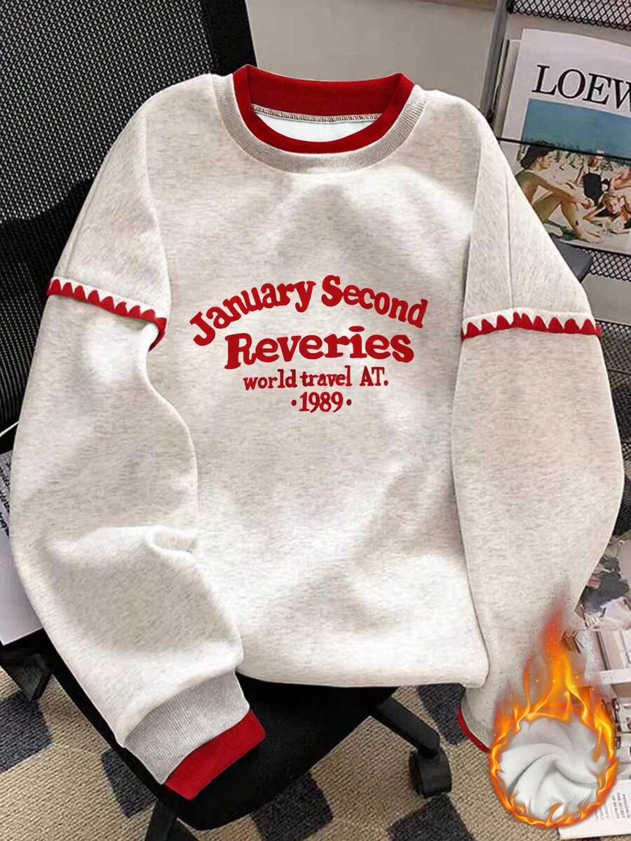 Resyla Áo sweatshirt nữ cỡ lớn dáng rộng, cổ tròn, phối màu, kiểu dáng đại học, in chữ tương phản và thêu hình vỏ sò, lót giữ nhiệt, kiểu dáng thường ngày. - Đỏ - Xem 1