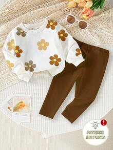 SHEIN Playful Pals 女嬰休閒可愛家庭套裝 花卉印花圓領衛衣與內搭褲套裝 秋冬款 棕色與黃色 深棕色 校園風 - 彩色 - 查看 1