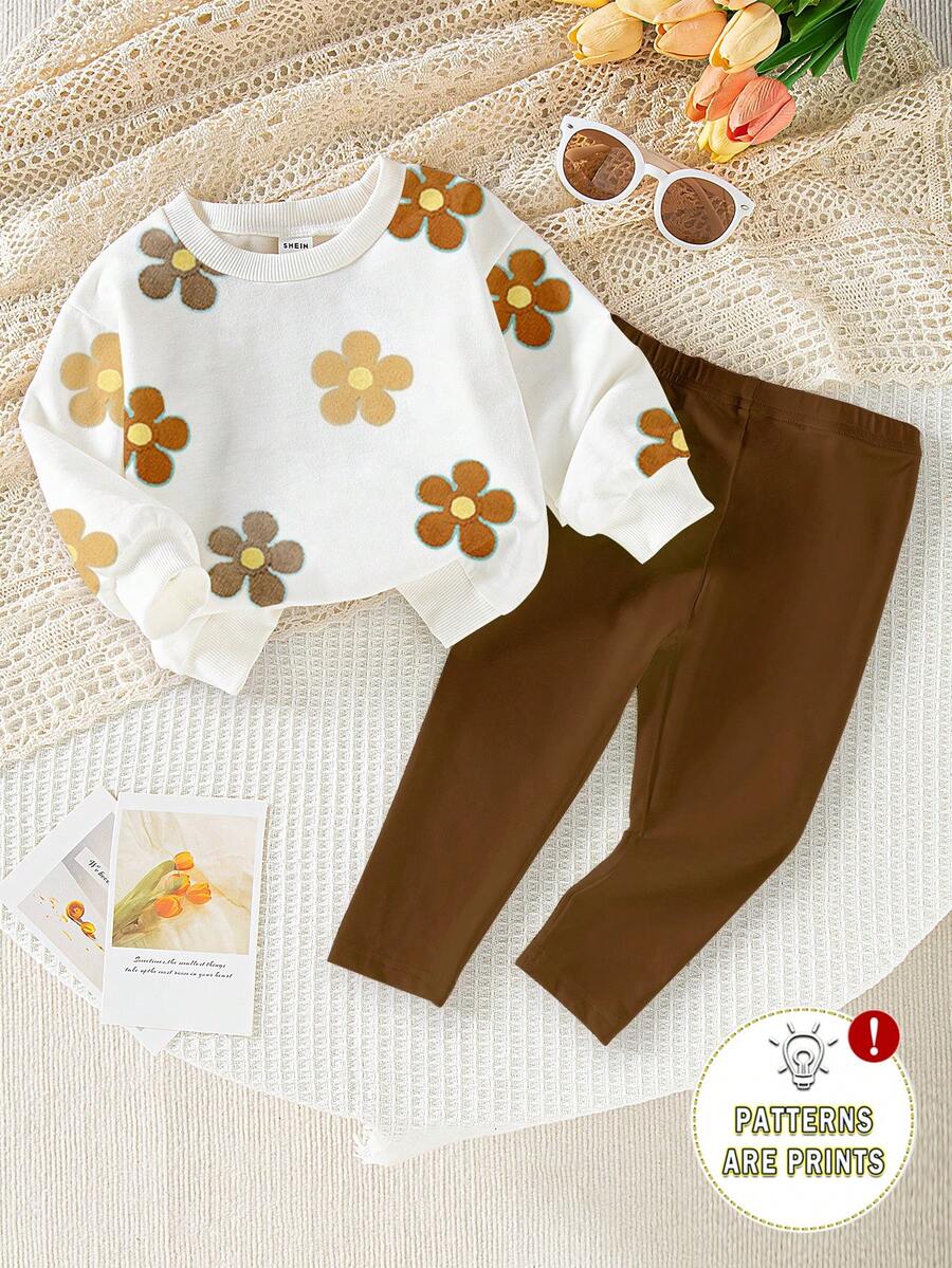 SHEIN Playful Pals 女嬰休閒可愛家庭套裝 花卉印花圓領衛衣與內搭褲套裝 秋冬款 棕色與黃色 深棕色 校園風 - 彩色 - 查看 1