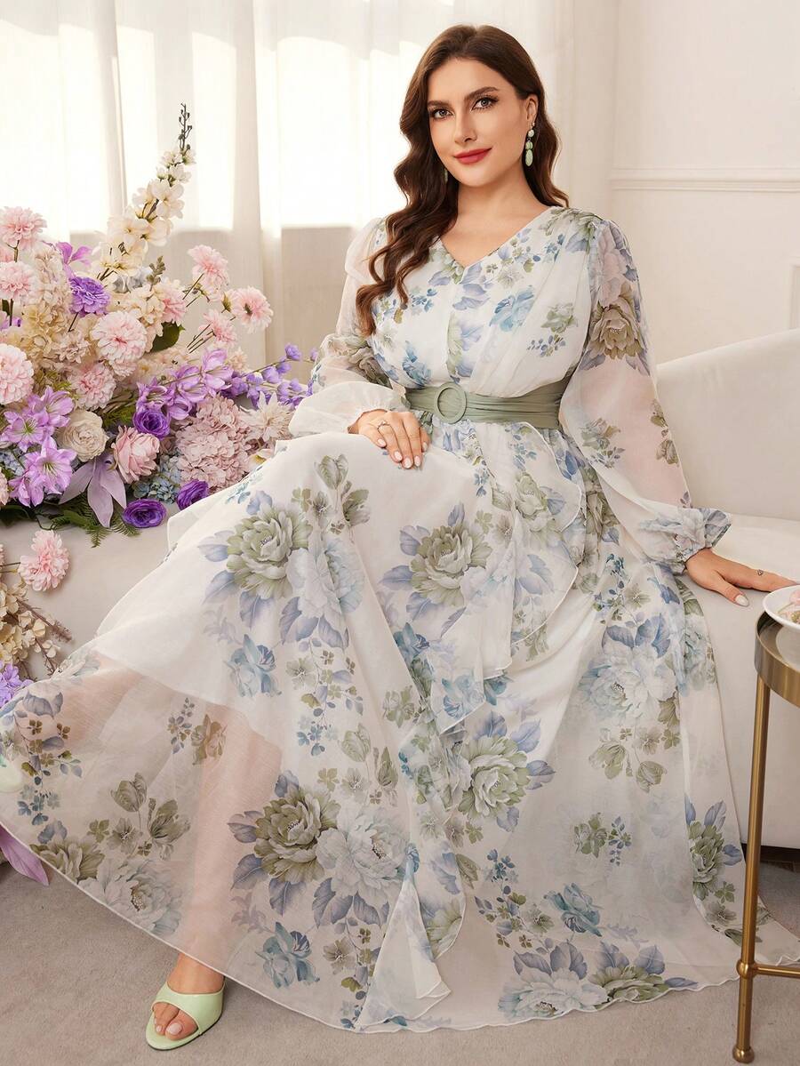 Modelyn 大码女士优雅V领长袖修身连衣裙 - 彩色 - 查看 1